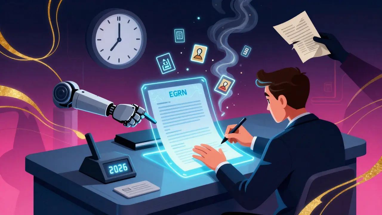 Futuristic digital notary booth in 2026 with holograms and a robot checking property data, contrasted with a crumbling paper contract.