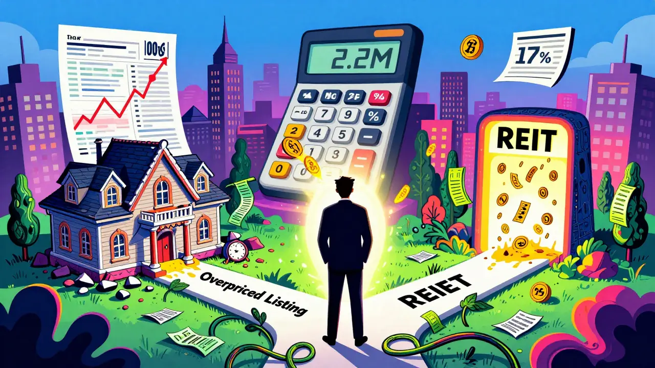 Инвестор на перекрестке: один путь — разваливающийся дом, другой — портал REIT, вокруг — цифры и чеки в психоделическом стиле.