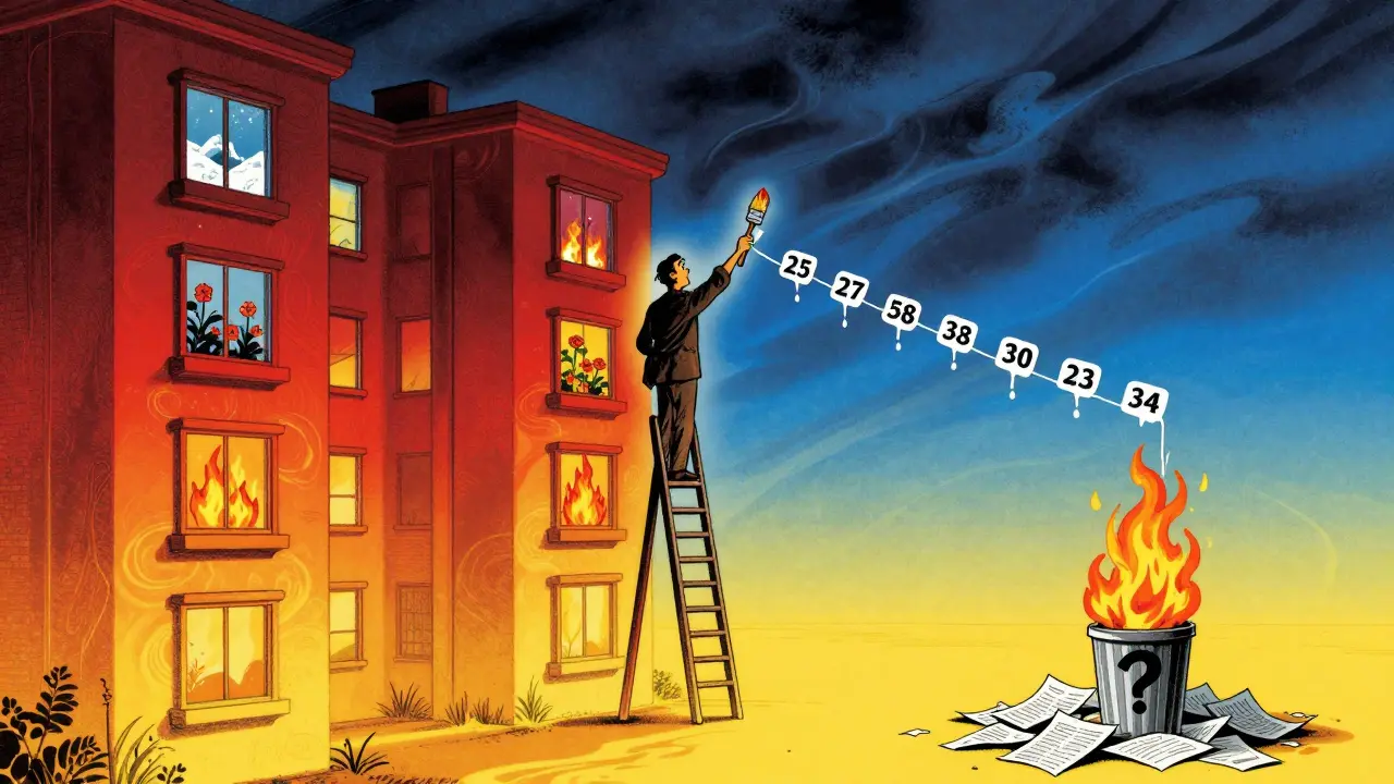 Квартира с окнами разных сезонов, оценщик на лестнице, timeline в виде бури.