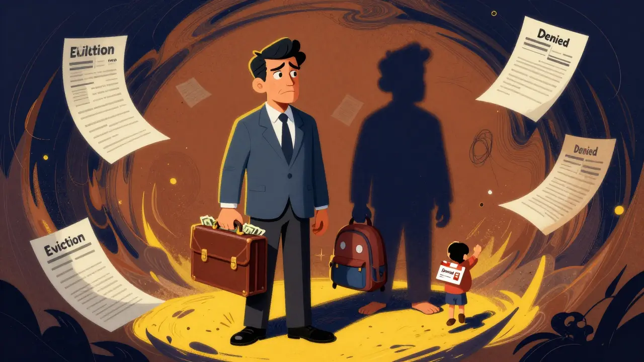 Landlord torn between cash and contract, with a tenant losing rights, rendered in swirling psychedelic colors.