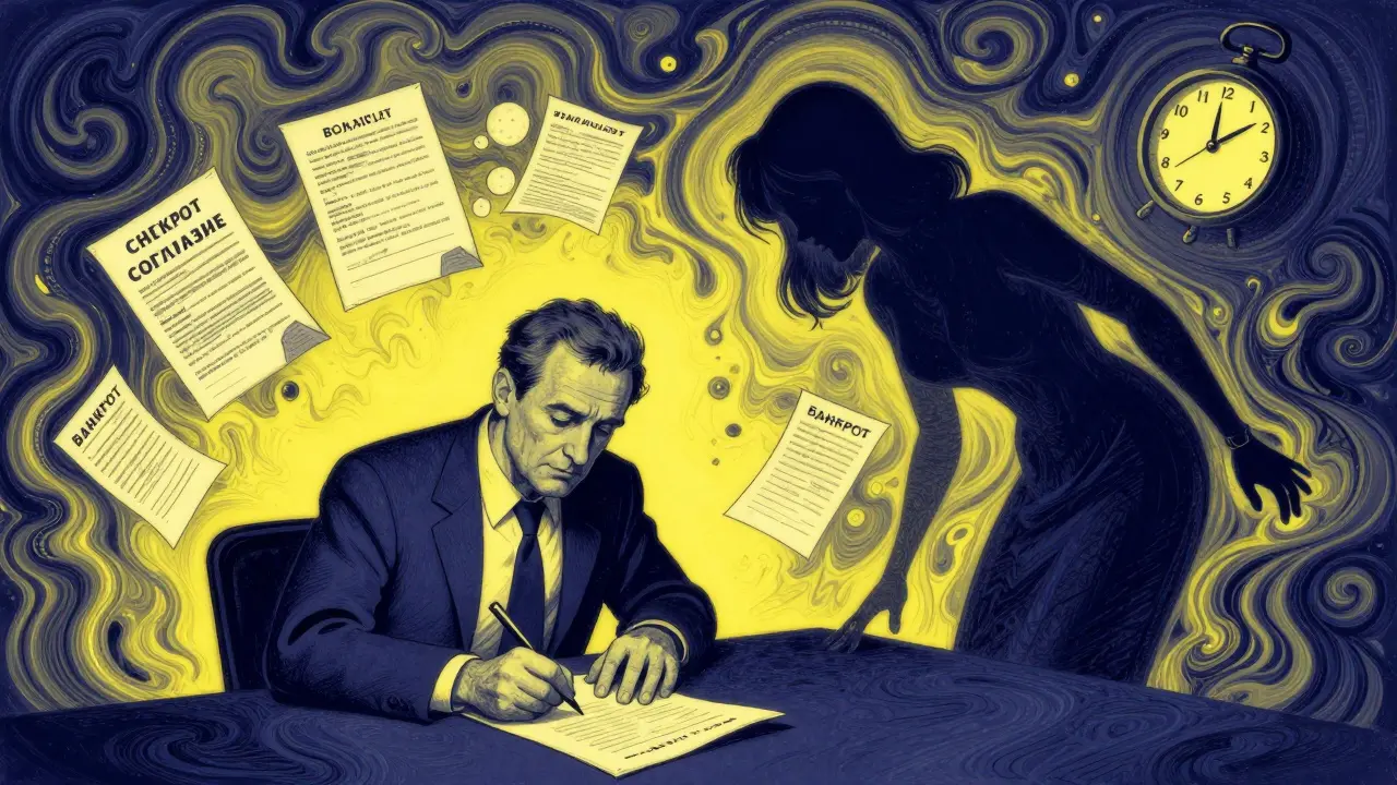 Мужчина подписывает договор, пока от его тени отходит жена с повесткой в суд.