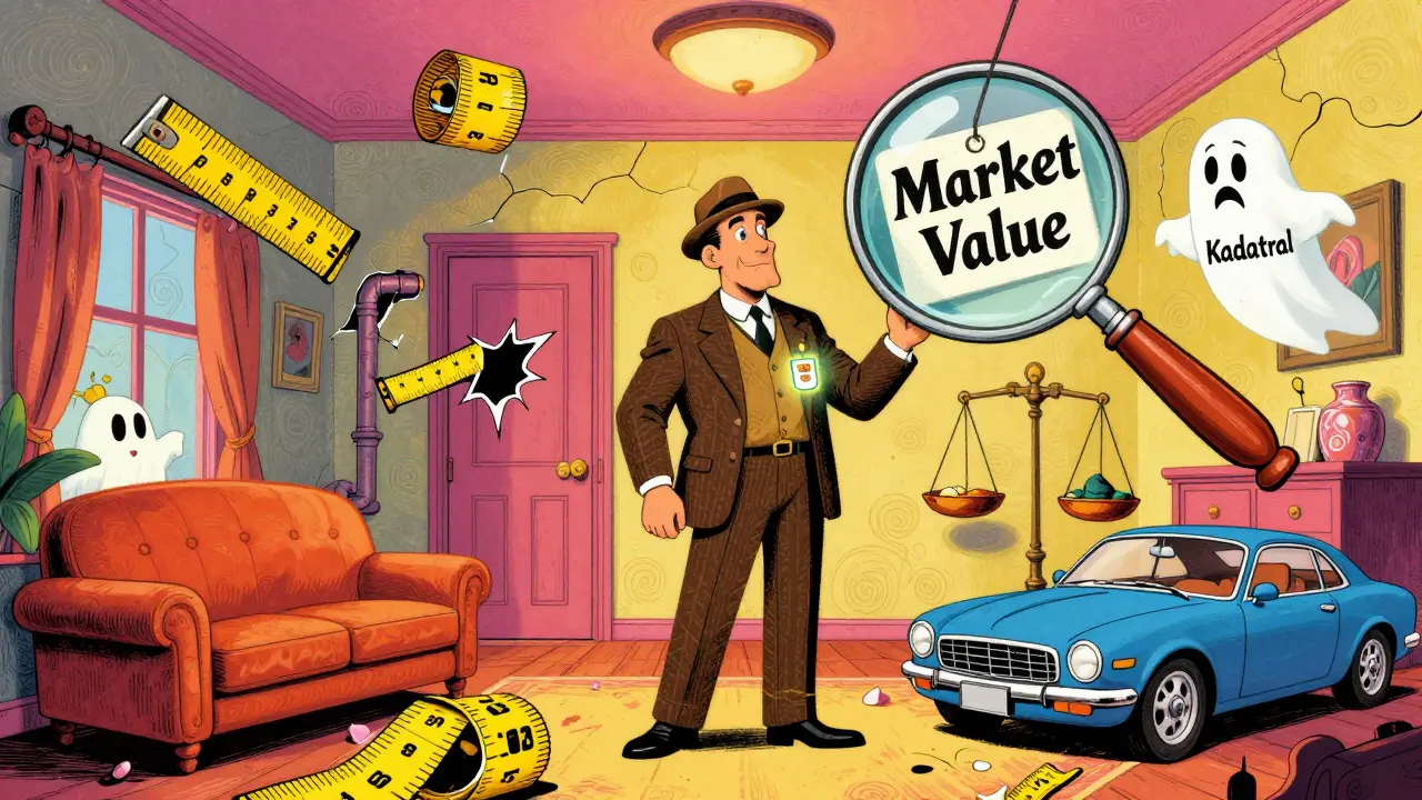 Оценщик измеряет квартиру с плавающими ценами и призраком кадастровой стоимости.