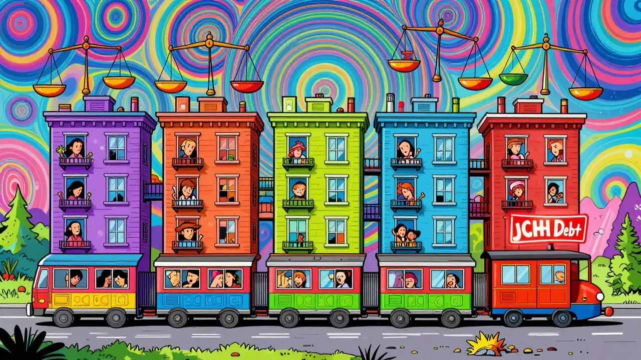 Пять домов в цепочке, один застрял из-за долга, остальные в напряжении.