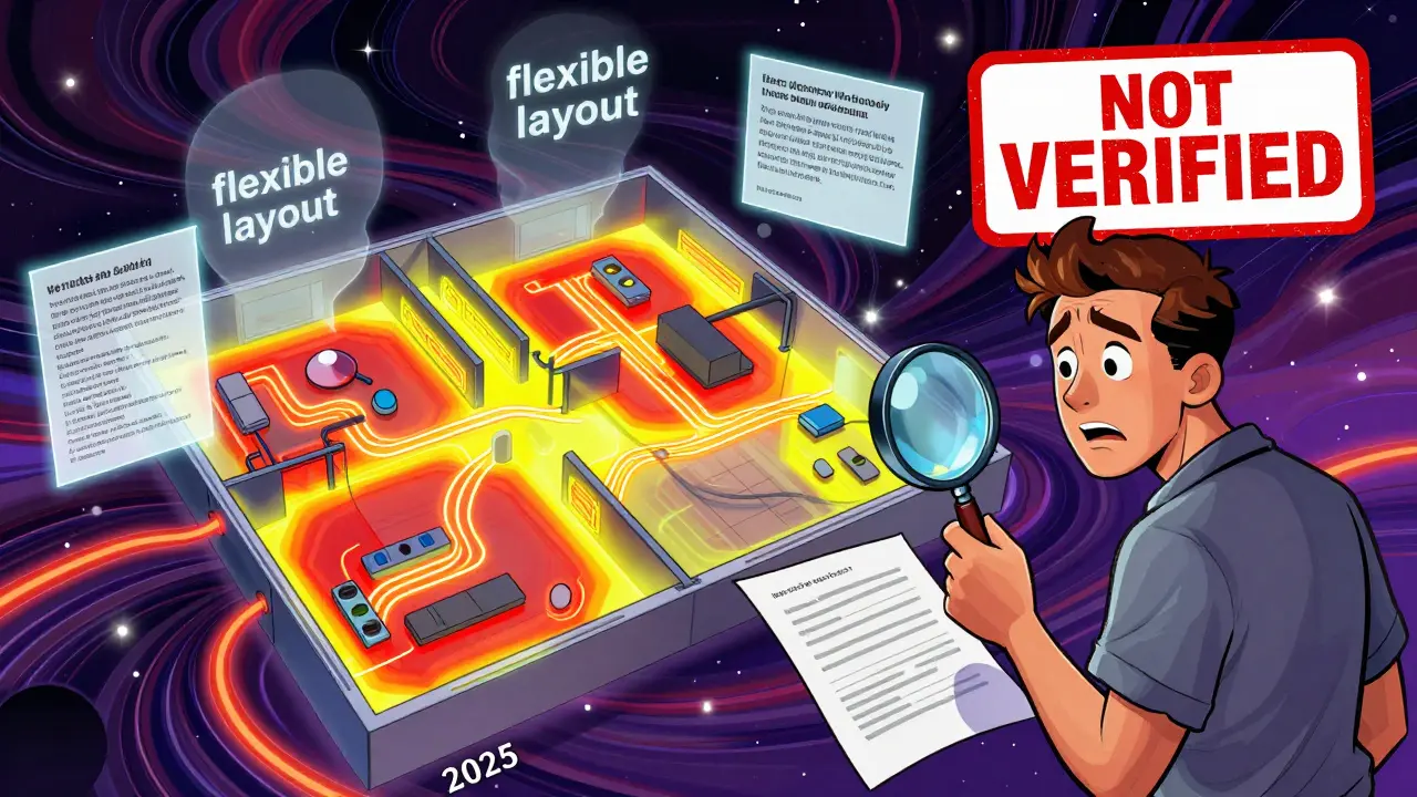 План новостройки 2025 года с тепловизией и умными кабелями, окруженный предупреждениями в стиле Вес Вилсона.