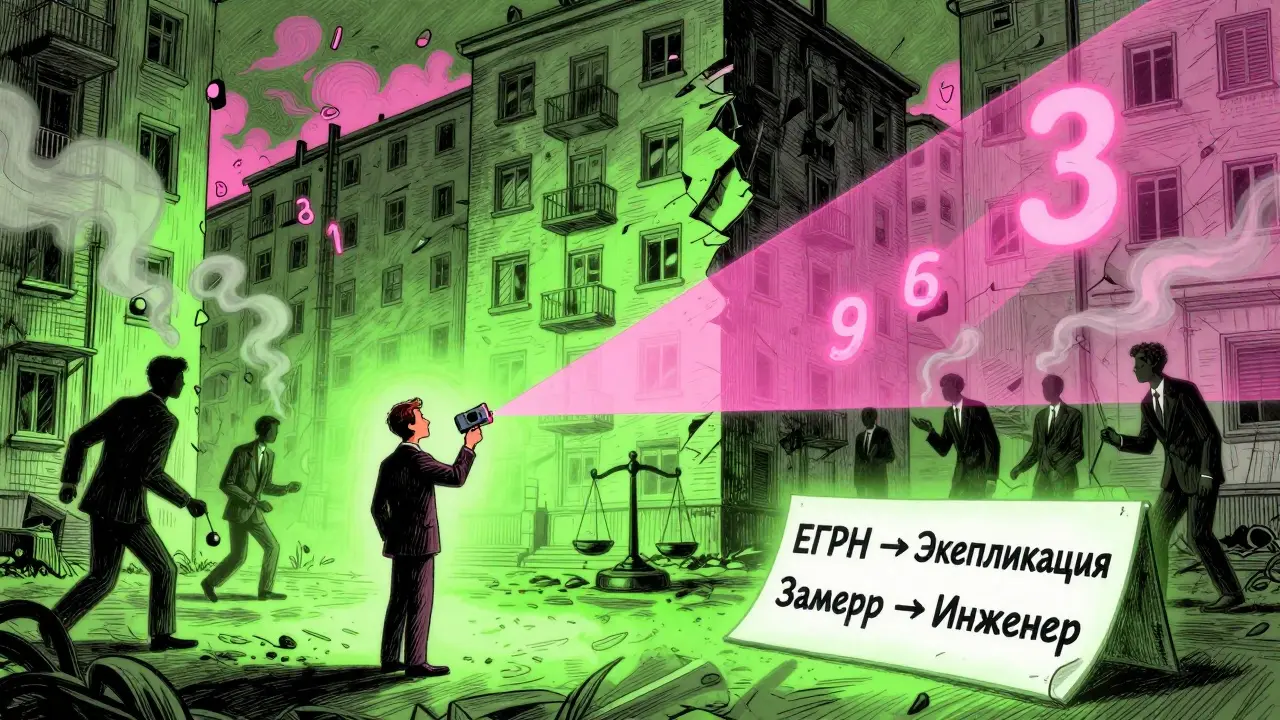 Покупатель стоит перед домом, его измерительный луч превращается в весы справедливости.