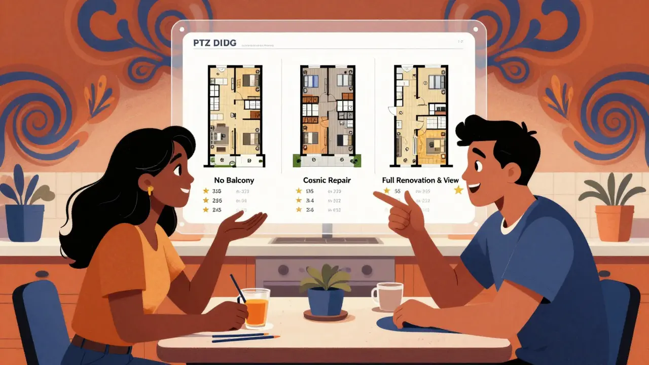 Продавец и покупатель за столом, над ними — сравнительная таблица квартир с выделенным преимуществом.