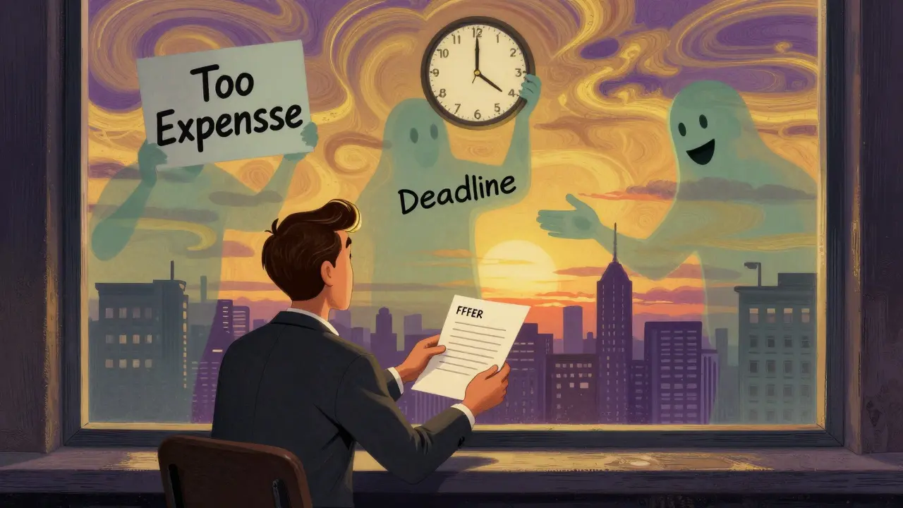 Продавец оставляет предложение на подоконнике, за окном — город и три исчезающих силуэта покупателей.