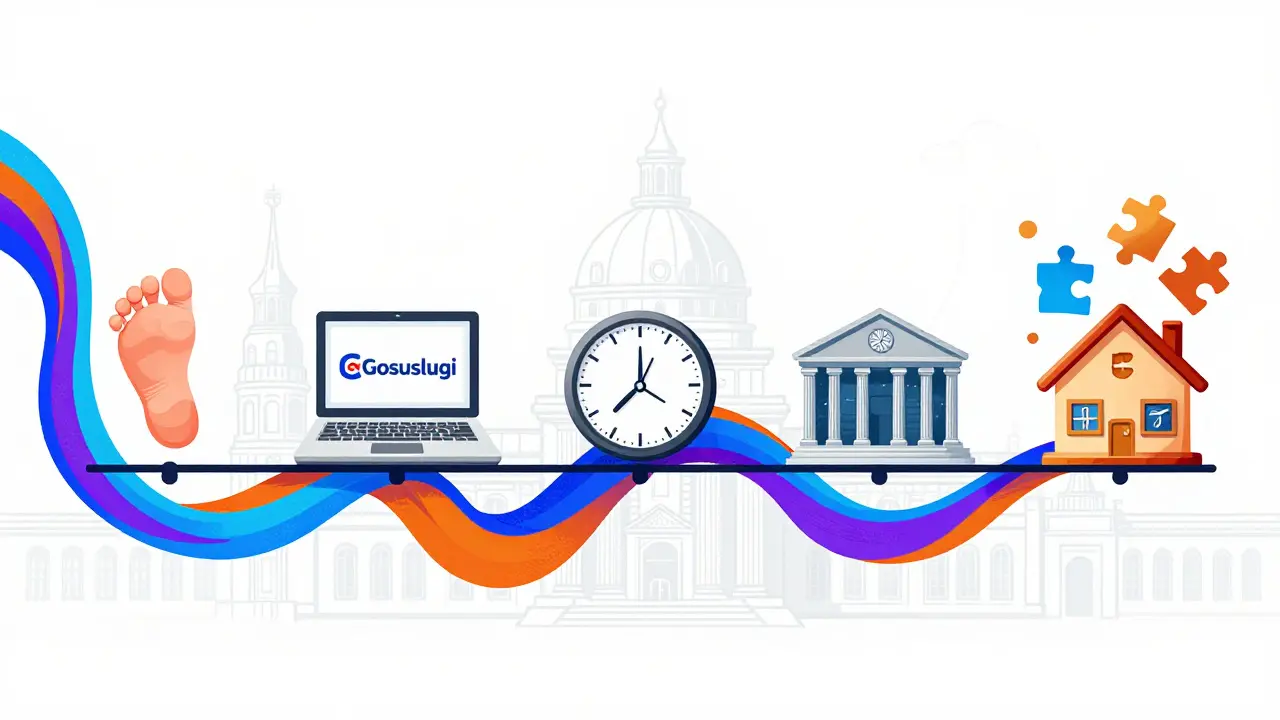 Психеделическая временная шкала с символами рождения ребенка, Госуслуг, банка и дома, соединённые яркими лентами.