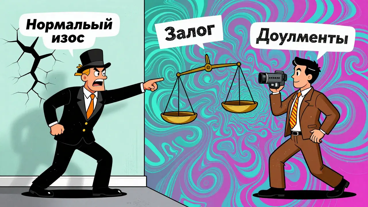 Разделённая сцена: арендодатель указывает на трещину, арендатор снимает видео, психоделические узоры