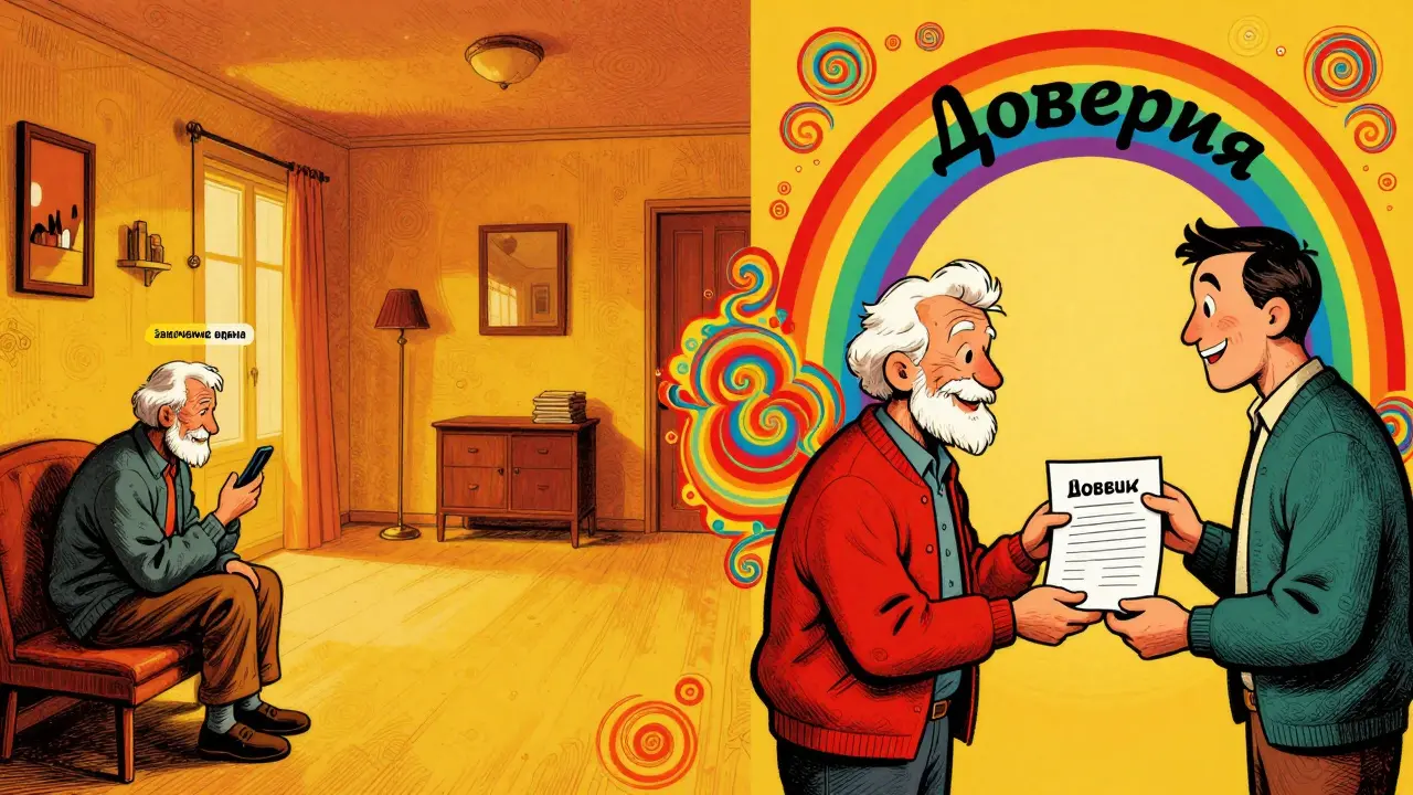 Разделённая сцена: одинокий пенсионер справа и тот же человек с покупателем под радугой доверия.