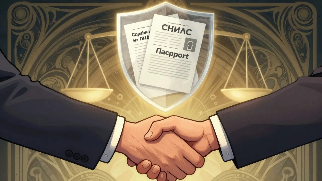 Руки покупателя и продавца shaking над договором, между ними — документы с галоами.