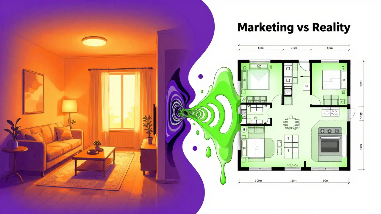 Сравнение идеальной модельной квартиры и реального плана с искажениями в ярком психоделическом стиле.