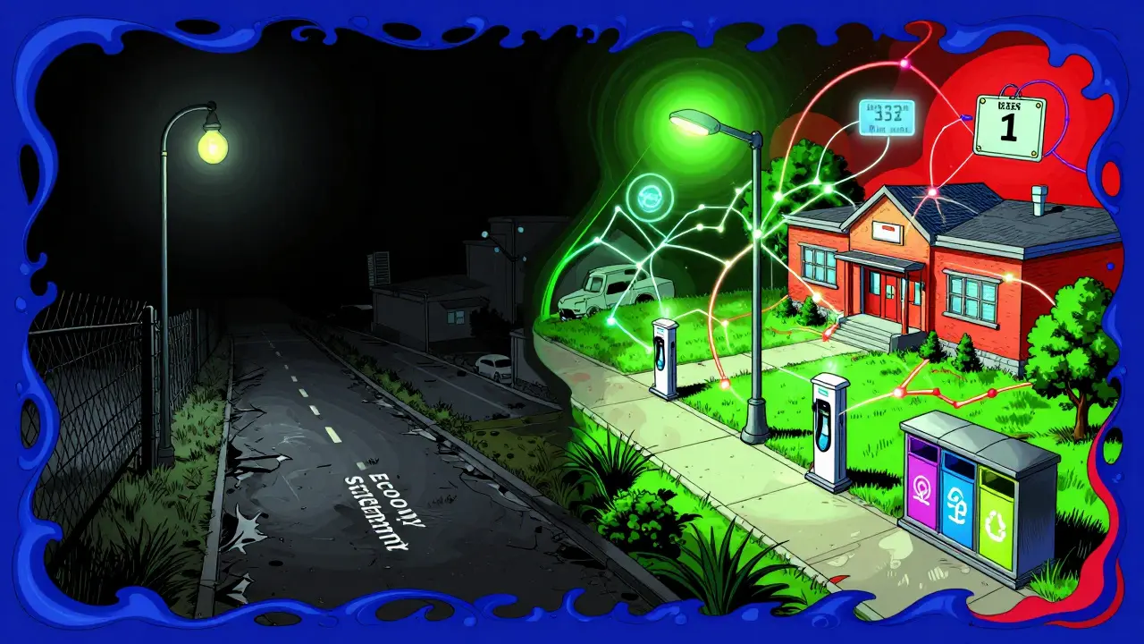 Сравнение: пустой участок слева и умный, озеленённый поселок справа с технологиями и светом.