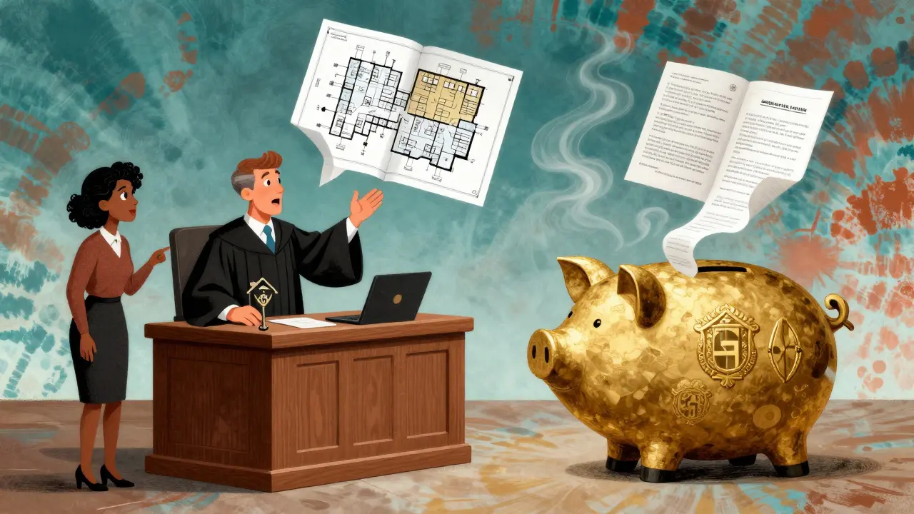 Суд с копилкой в виде скамьи, где ребенок держит ключ и знак опеки над планом квартиры.