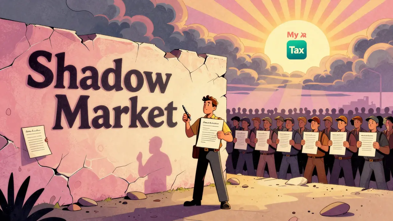 Tenant holding a lease as shadows transform into others with contracts, under a rising sun and digital tax app.