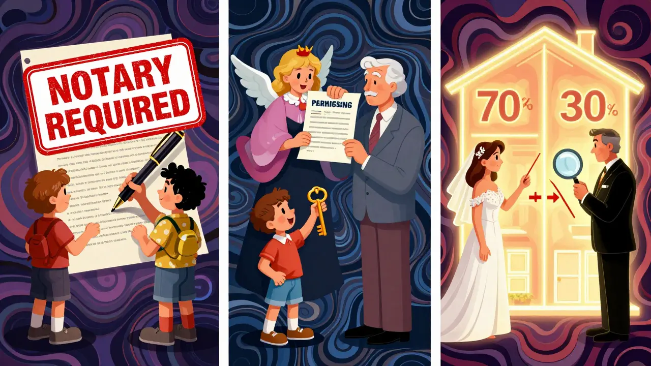 Triptych illustration showing three cases requiring a notary: selling a share, involving a child, and dividing marital property in psychedelic 1960s style.