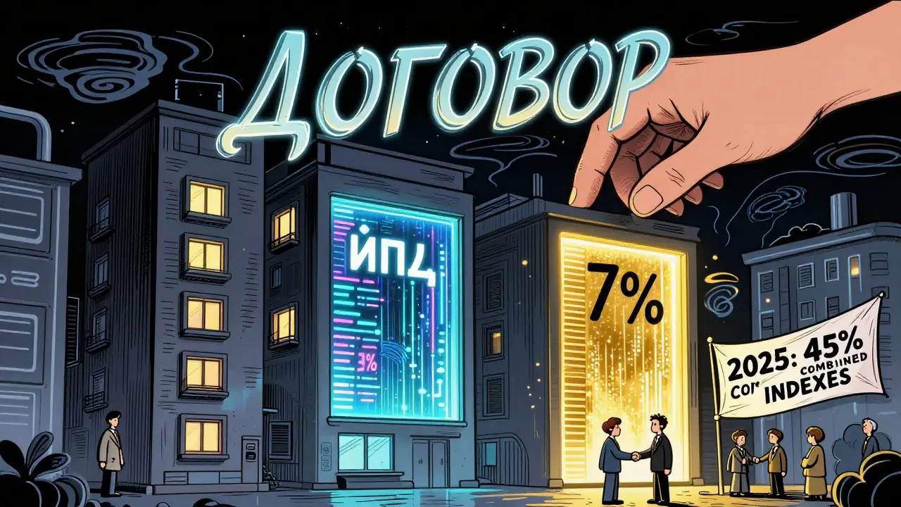 Здание с разными типами аренды и надписью 'ДОГОВОР' в психоделическом стиле Веса Уилсона