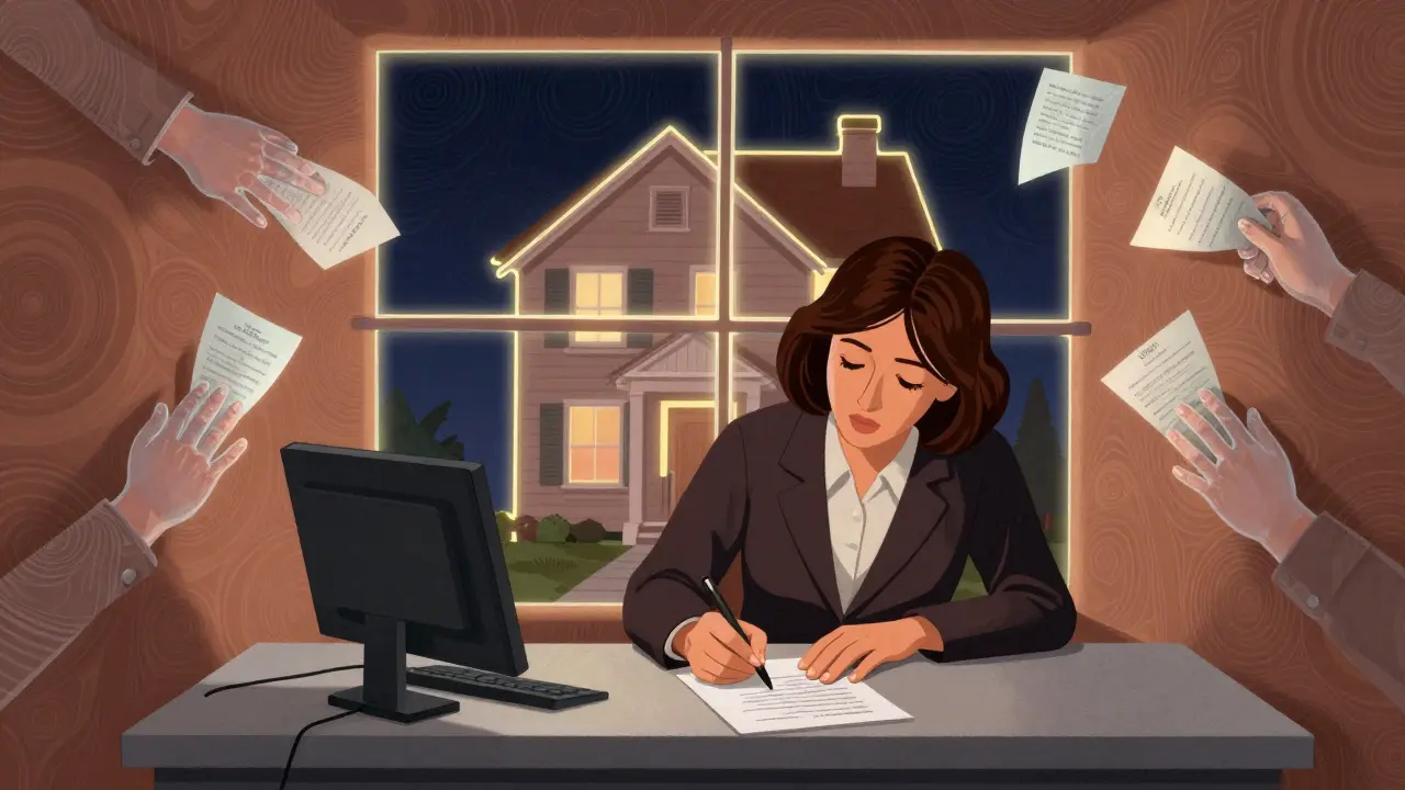 Женщина подписывает документ, а прозрачные руки детей забирают доли в квартире, представленные как светящиеся алмазы.