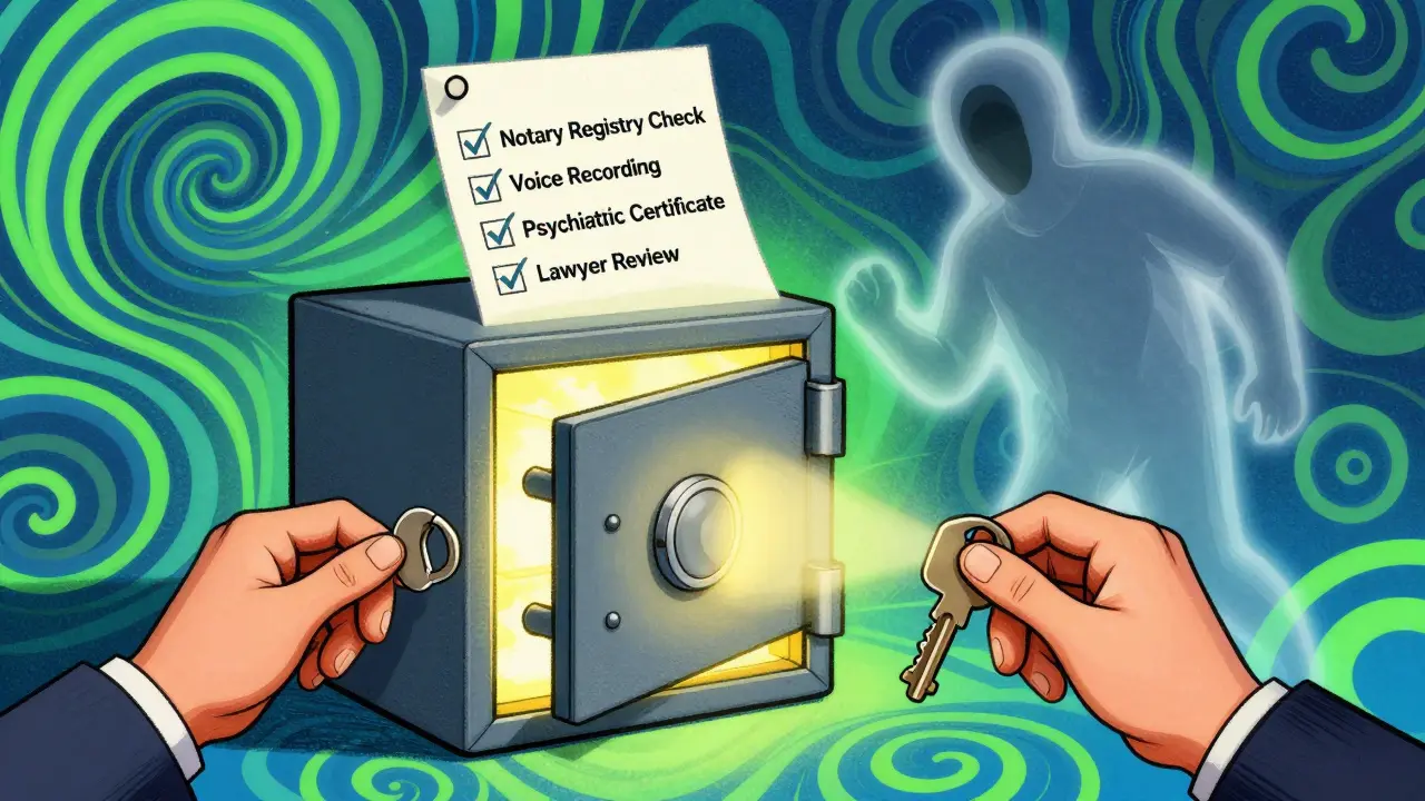 Банковская ячейка с ключами покупателя и собственника, над ней — чек-лист безопасности.