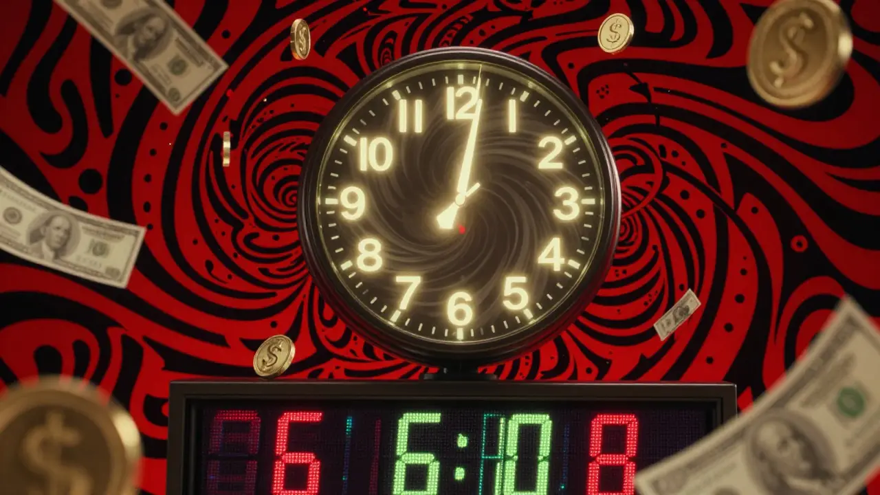 Часы и деньги на фоне аукционного монитора с вихрями