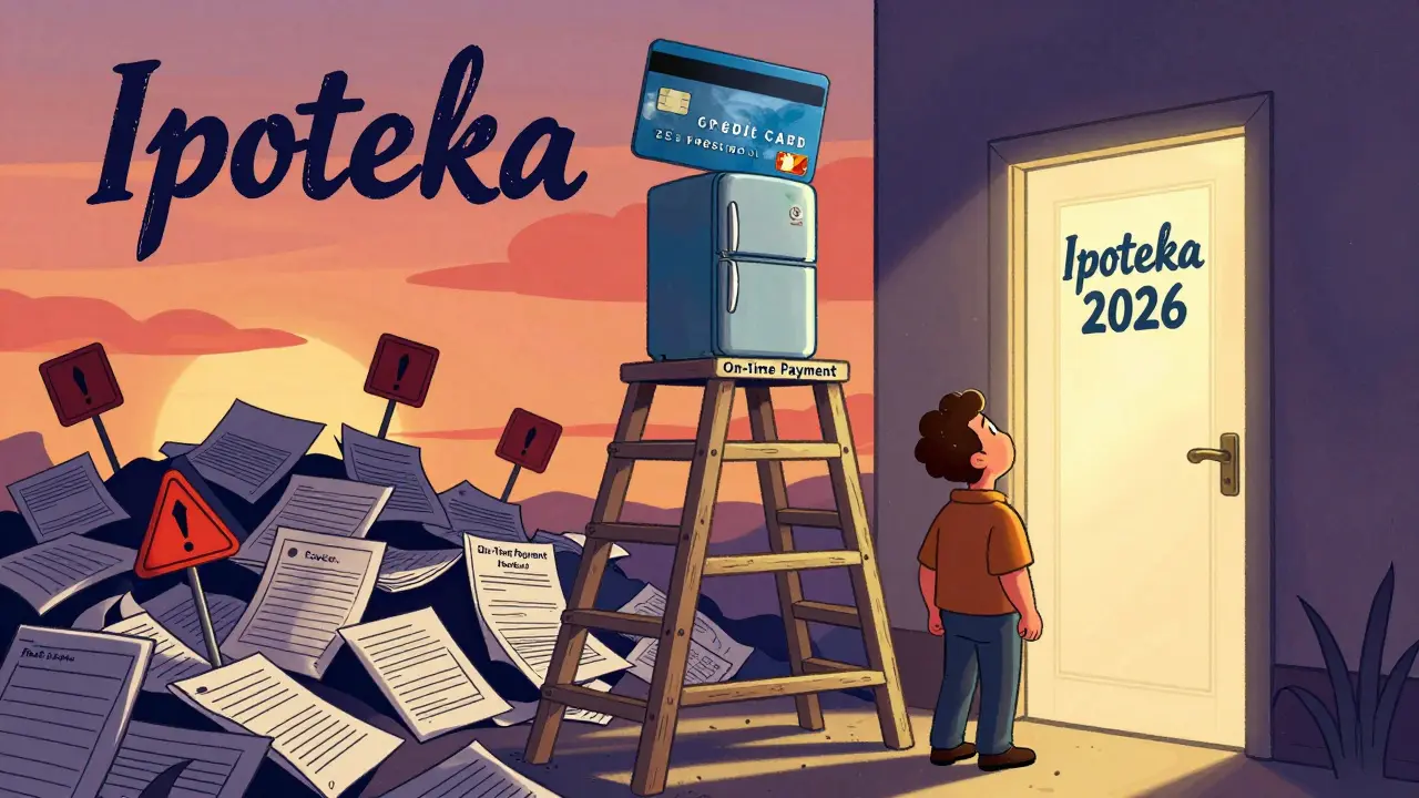 Человек поднимается по лестнице из кредитных продуктов, стремясь к ипотеке 2026 года.