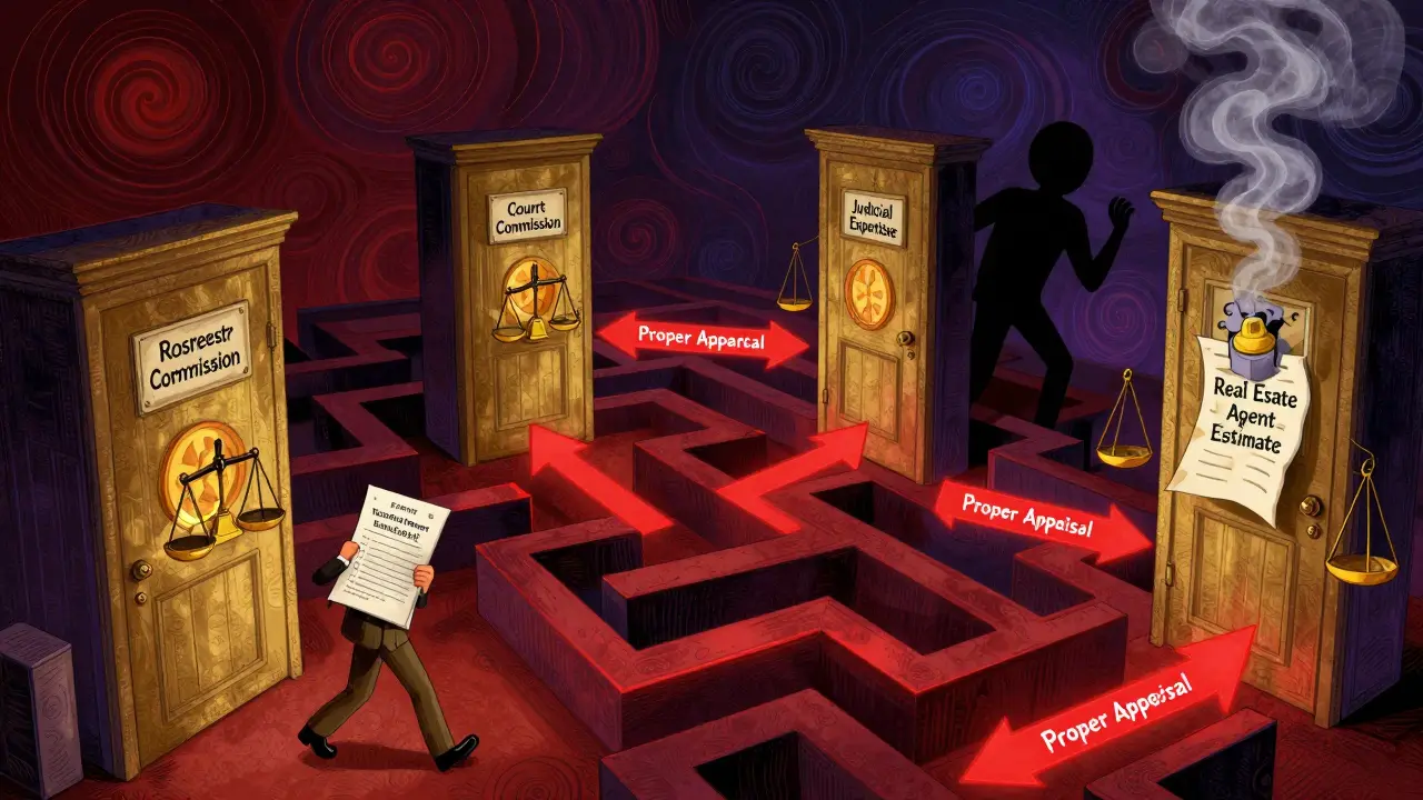 Человек проходит через бюрократический лабиринт к правильной оценке, мимо него исчезают неправильные документы.