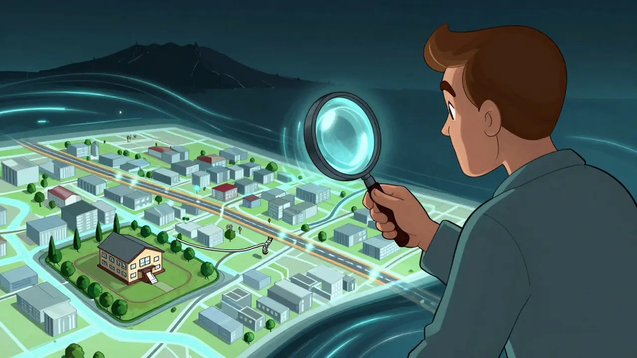 Человек с лупой смотрит на цифровую карту, где будущие объекты города проецируются над пустыми участками.