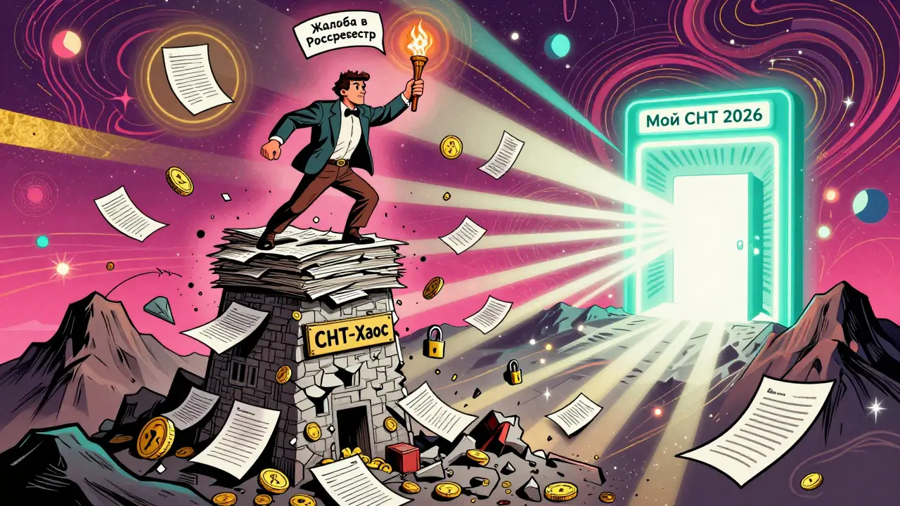Дачник борется с хаосом СНТ, открывая цифровой портал 'Мой СНТ 2026'.