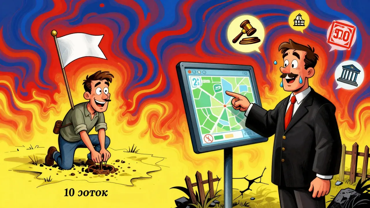 Два сценария: счастливая покупка земли и последующий судебный конфликт с точными координатами.