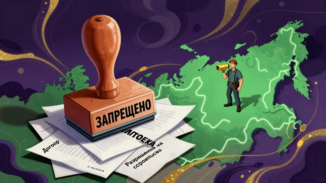 Гигантская печать 'ЗАПРЕЩЕНО' давит на документы, а геодезист стоит на карте с четкими границами.