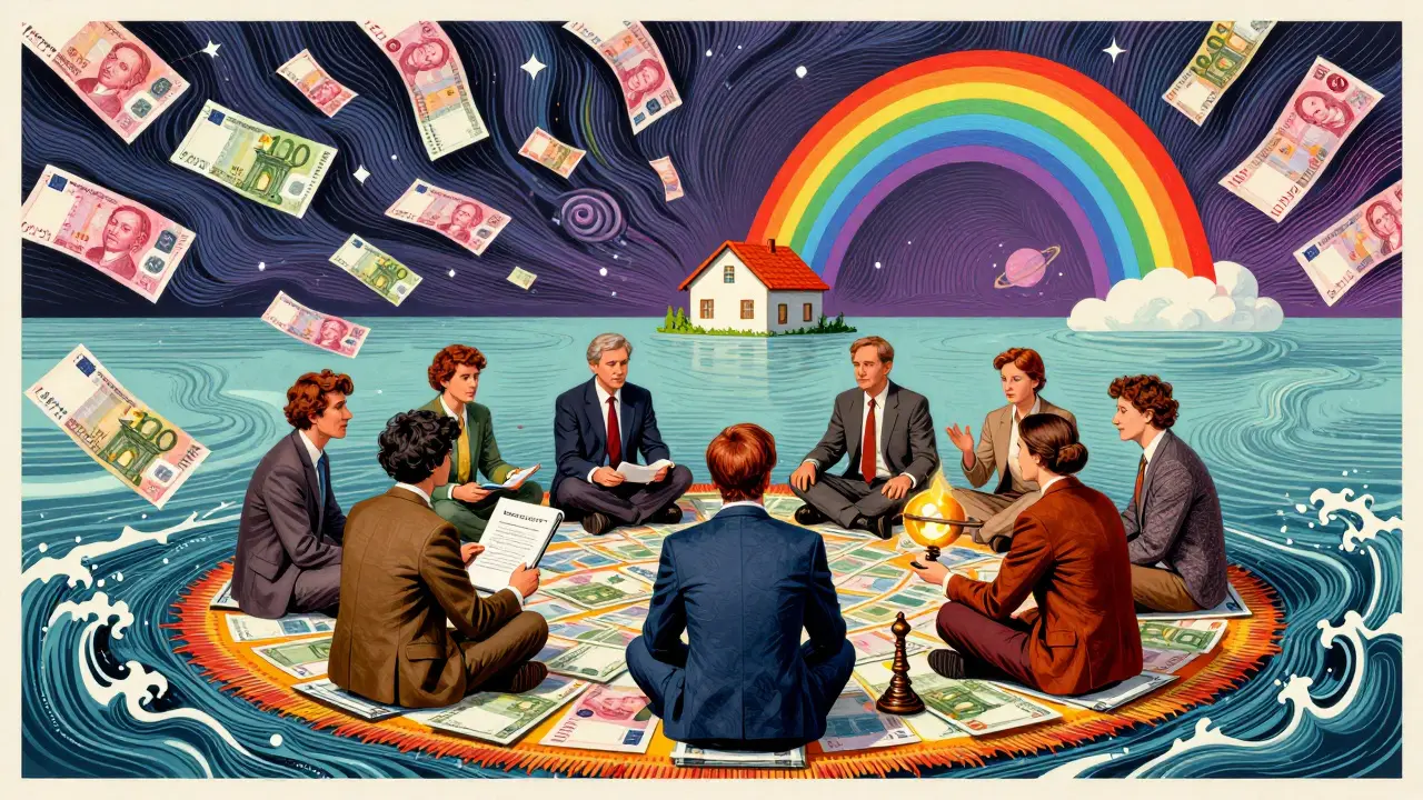 Группа инвесторов с инструментами хеджирования на ковре из валют, за ними — буря евро и рублей.