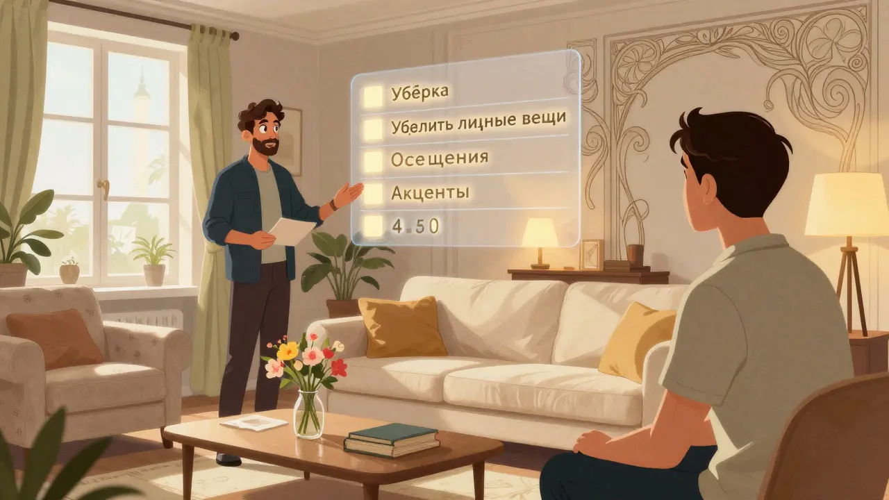 Идеально подготовленная гостиная с цветами, лампами и покупателем, вдохновлённым уютом.