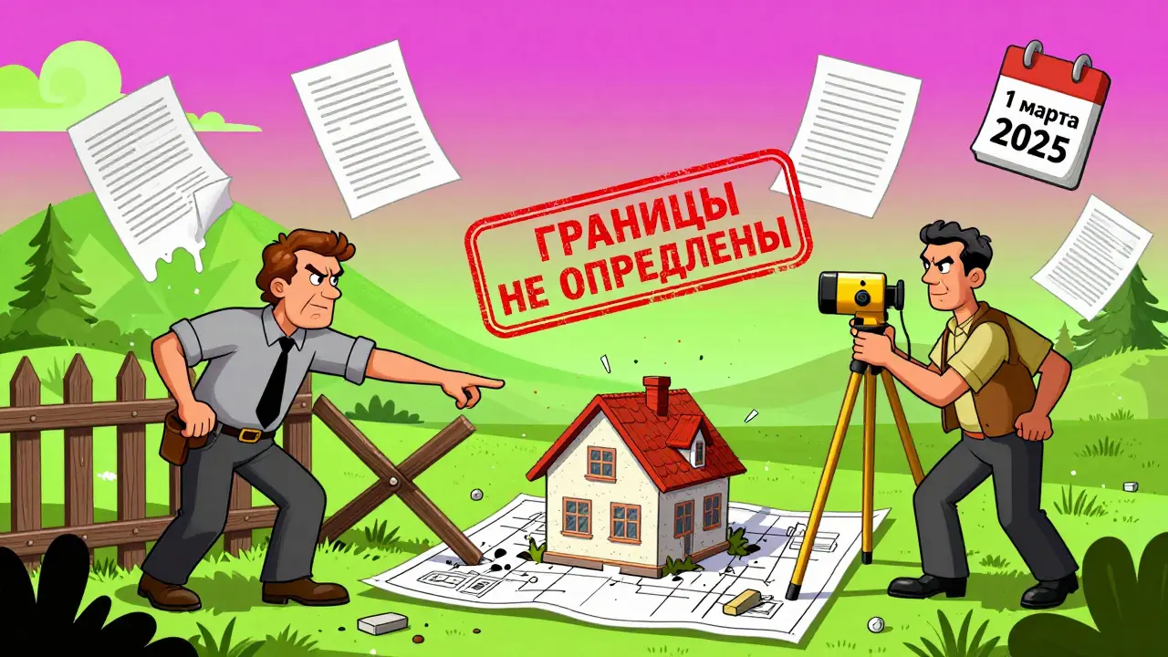 Кадастровый инженер измеряет землю между спорящими соседями, над участком огромная печать 'Границы не определены'.