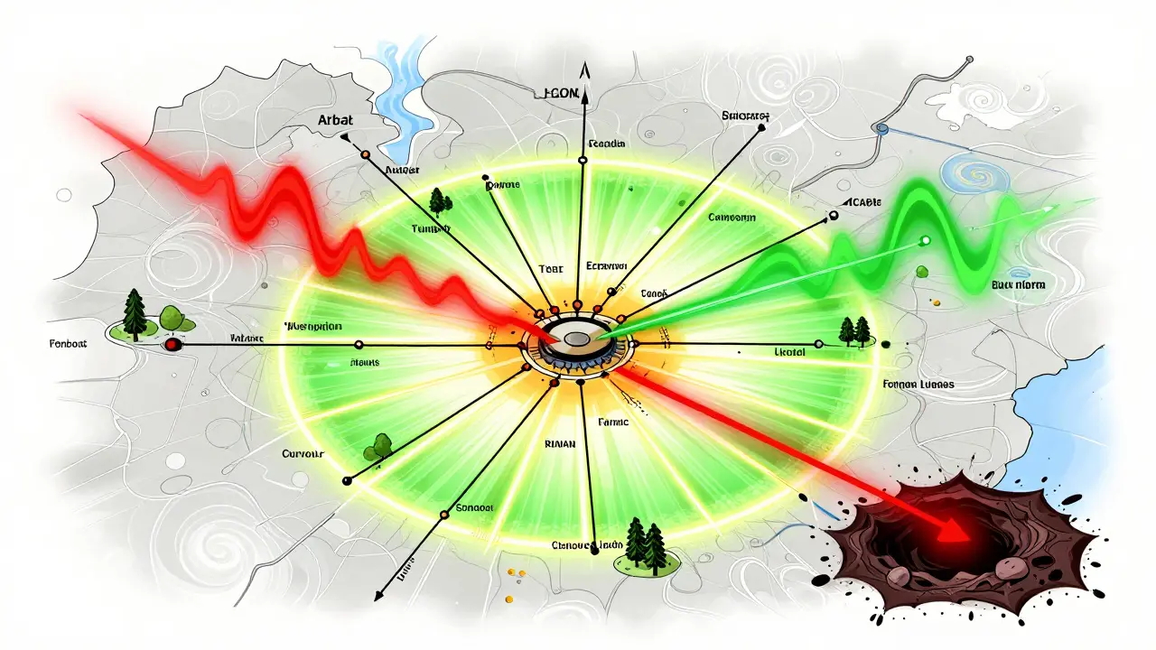 Карта Москвы с цветными зонами влияния метро, школ и парков, в стиле ярких волнообразных линий.