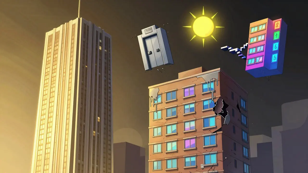 Контраст между современным и старым домом с символами лифта, этажей и солнечного света в ярком карикатурном стиле.