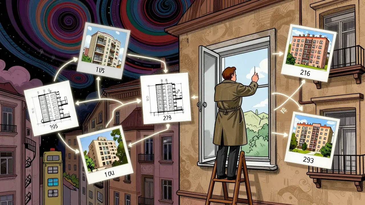 Оценщик измеряет квартиру, вокруг него летают фотографии аналогов и формулы расчета рыночной стоимости.