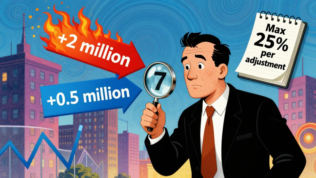 Оценщик проверяет корректировки цены с яркими стрелками, одна из которых превышает допустимый лимит