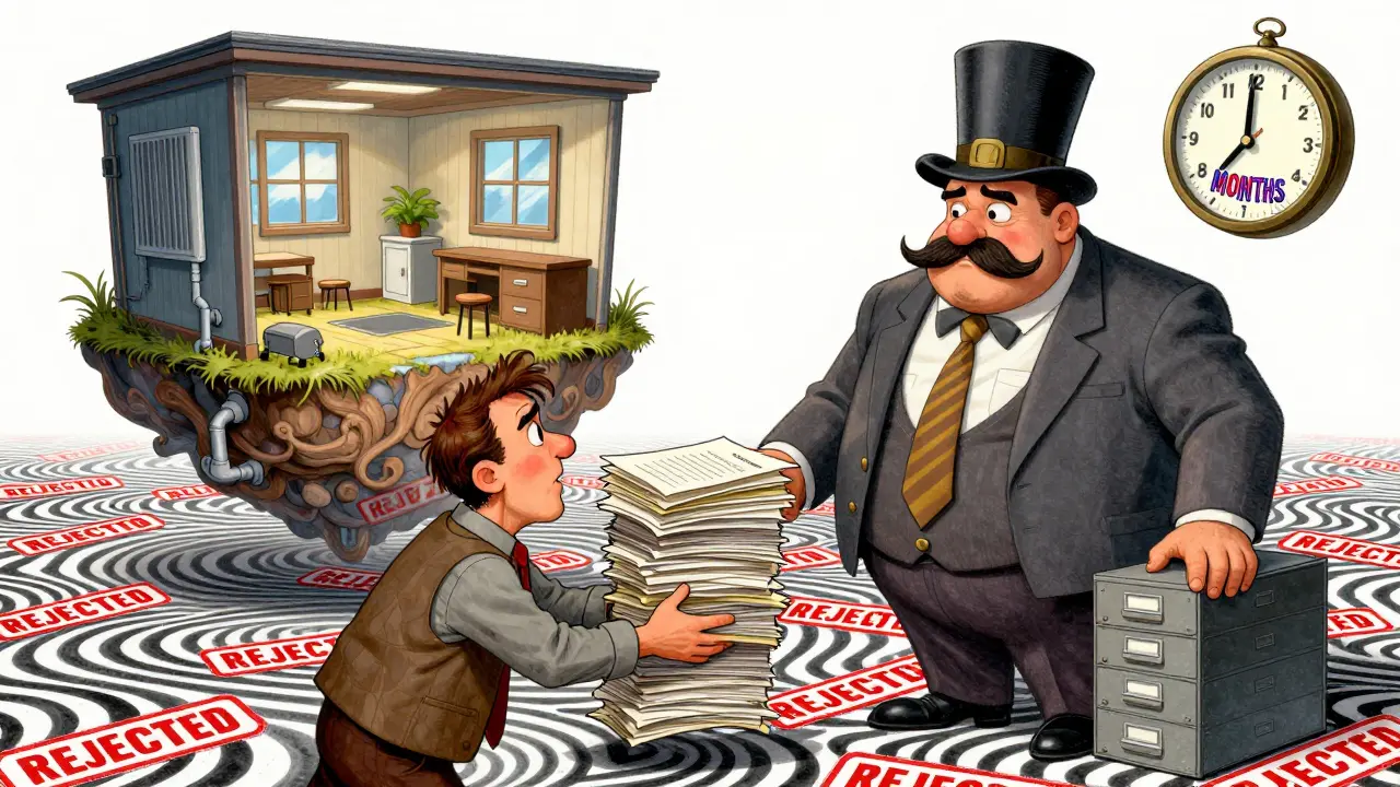 Отец передает документы бюрократу с кабинетами вместо усов, вокруг — стопки отказов и плавающая комната.