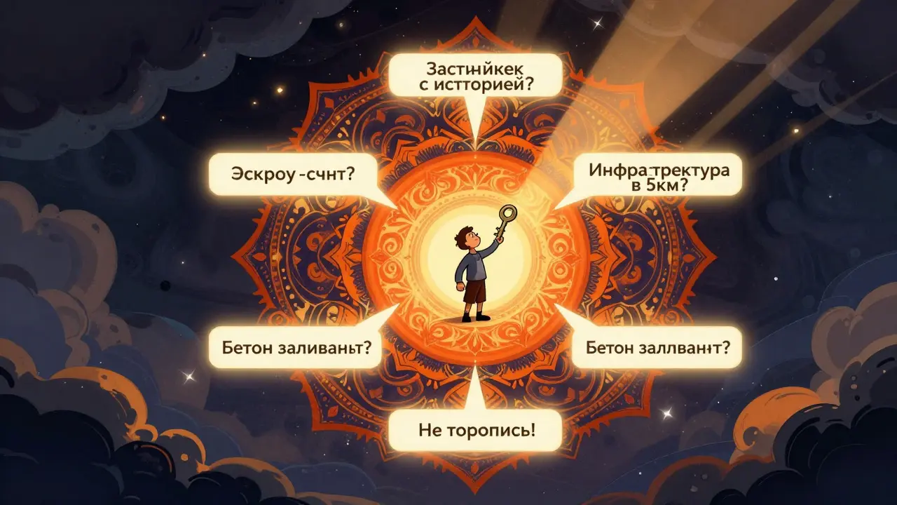 Плавающий чек-лист с пятью пунктами проверки, окруженный психоделическими узорами, человек с ключом в центре.