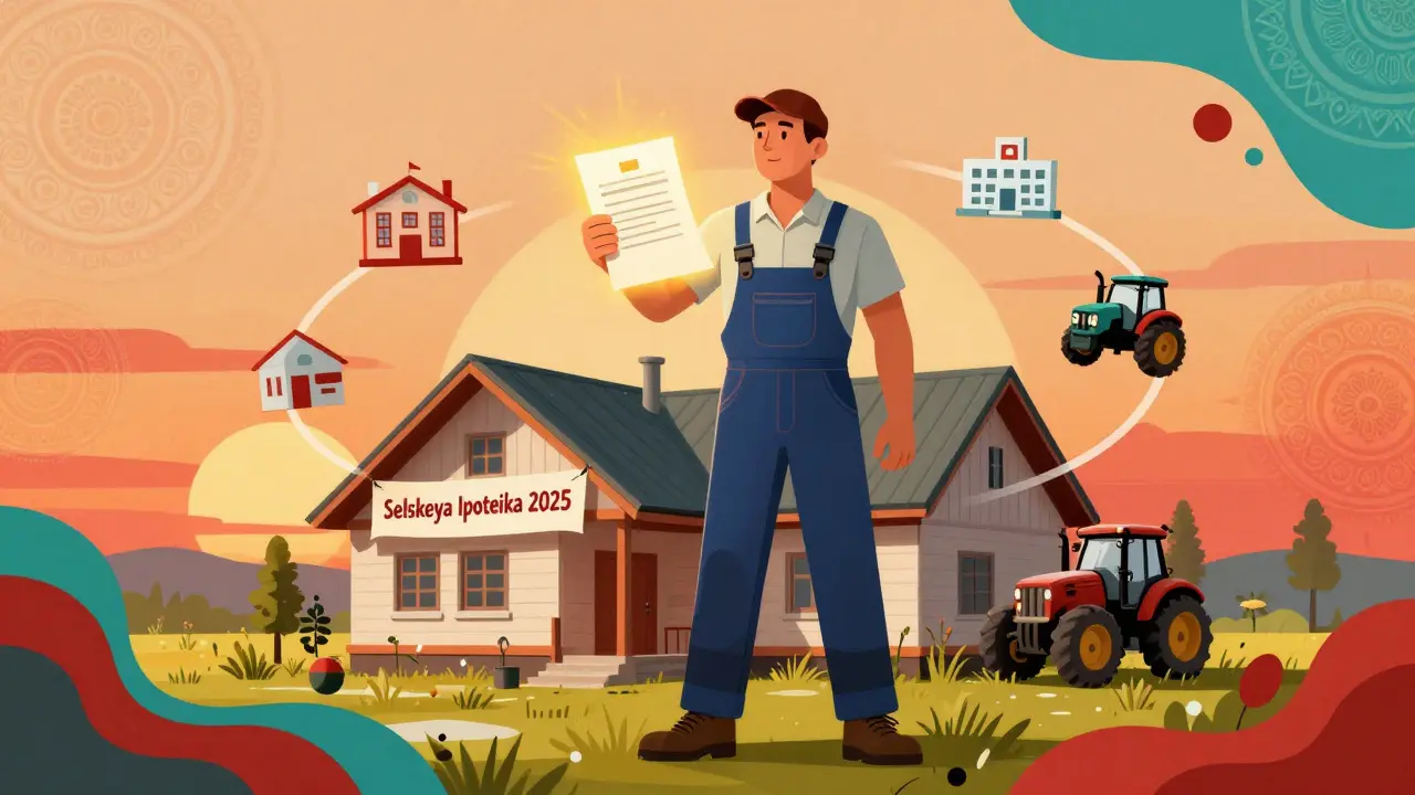 Работник сельского хозяйства стоит перед домом с контрактом и символами сельской ипотеки.