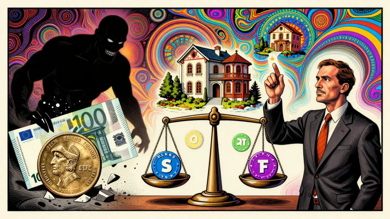 Разделённая сцена: разрушающийся рубль против хеджирующих инструментов, фон — волнистые валютные узоры.