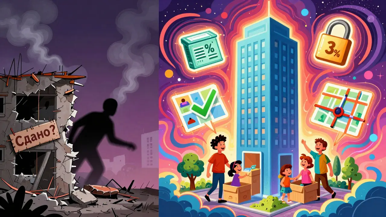 Разделённая сцена: руины незавершённого дома и сияющий новый дом с символами риска и доходности.