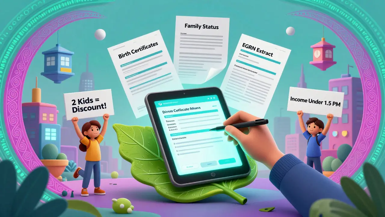 Родитель подает заявление на льготу через планшет, рядом — документы и дети с табличками.