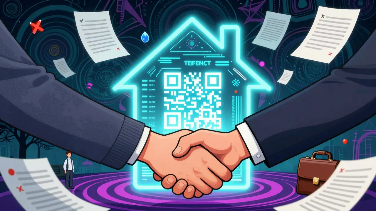 Руки арендатора и арендодателя пожимают друг другу над QR-кодом, показывающим реальные данные по воде и электричеству.