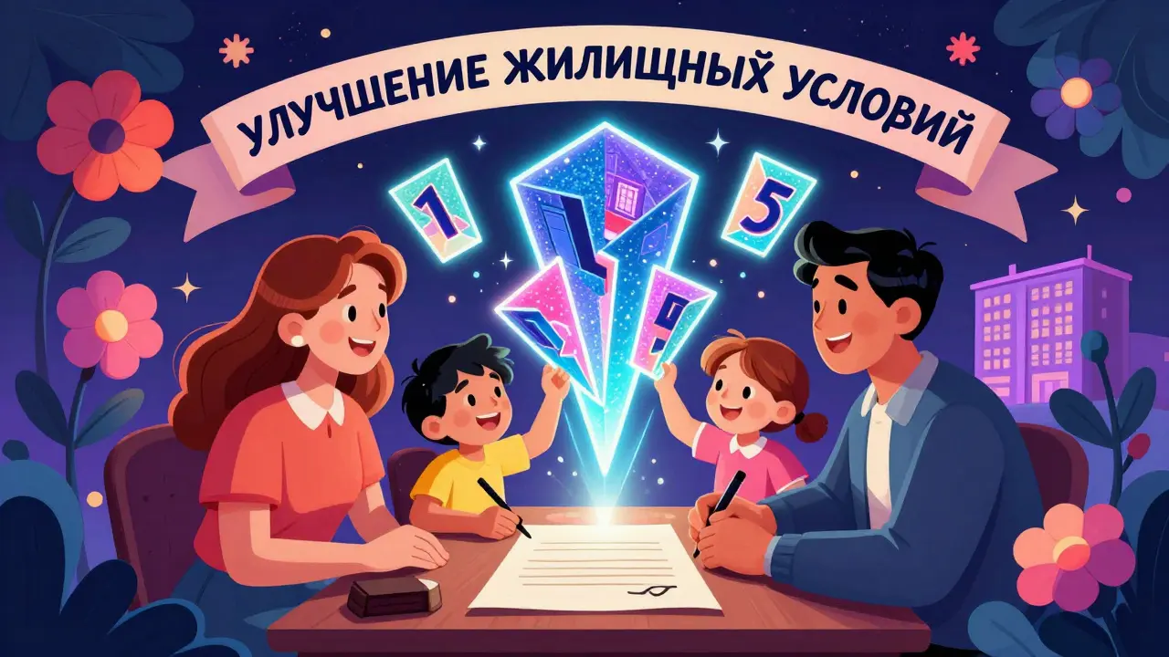 Семья подписывает договор, и доля комнаты превращается в сияющие геометрические фрагменты для каждого члена семьи.