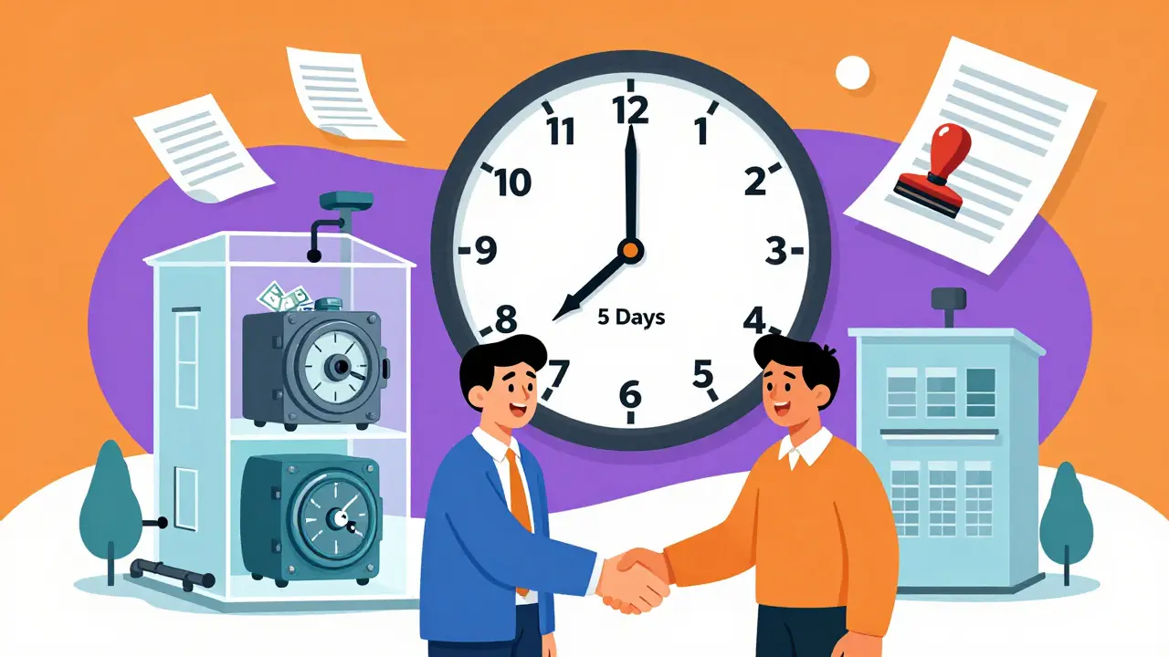 Смайлик-продавец и покупатель shake hands под часами, за ними — прозрачная схема сделки с документами и банком.