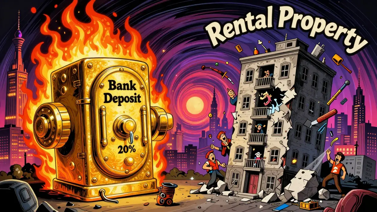 Сравнение: банковский вклад под 20% против хаотичной аренды недвижимости, изображённые как гигантские бойцы в психоделическом стиле.