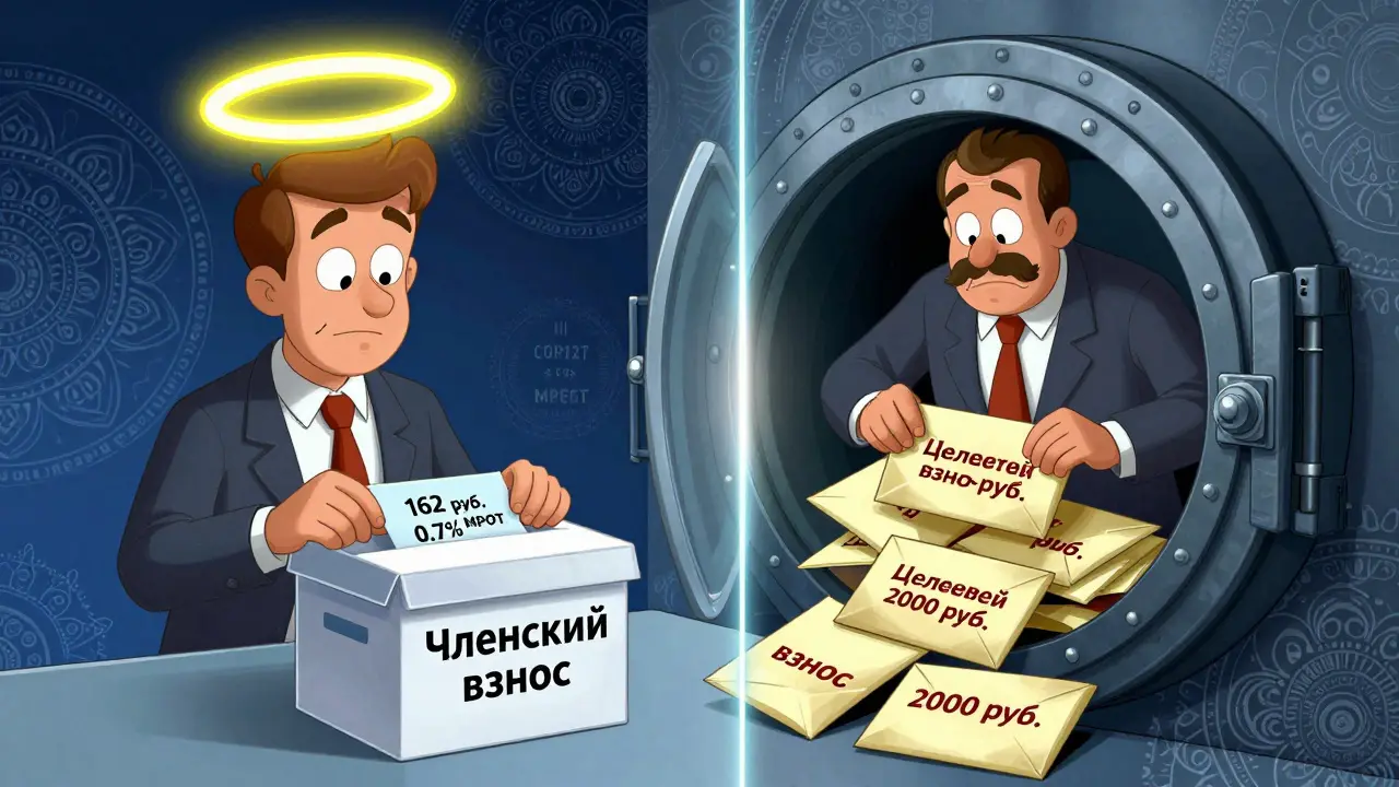 Сравнение честного членского взноса и незаконного целевого сбора в виде двух сцен.