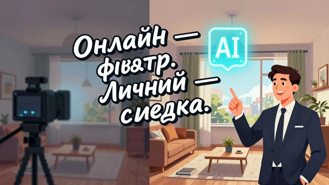 Сравнение онлайн-показа и личного визита: один размытый, другой — яркий и профессиональный.