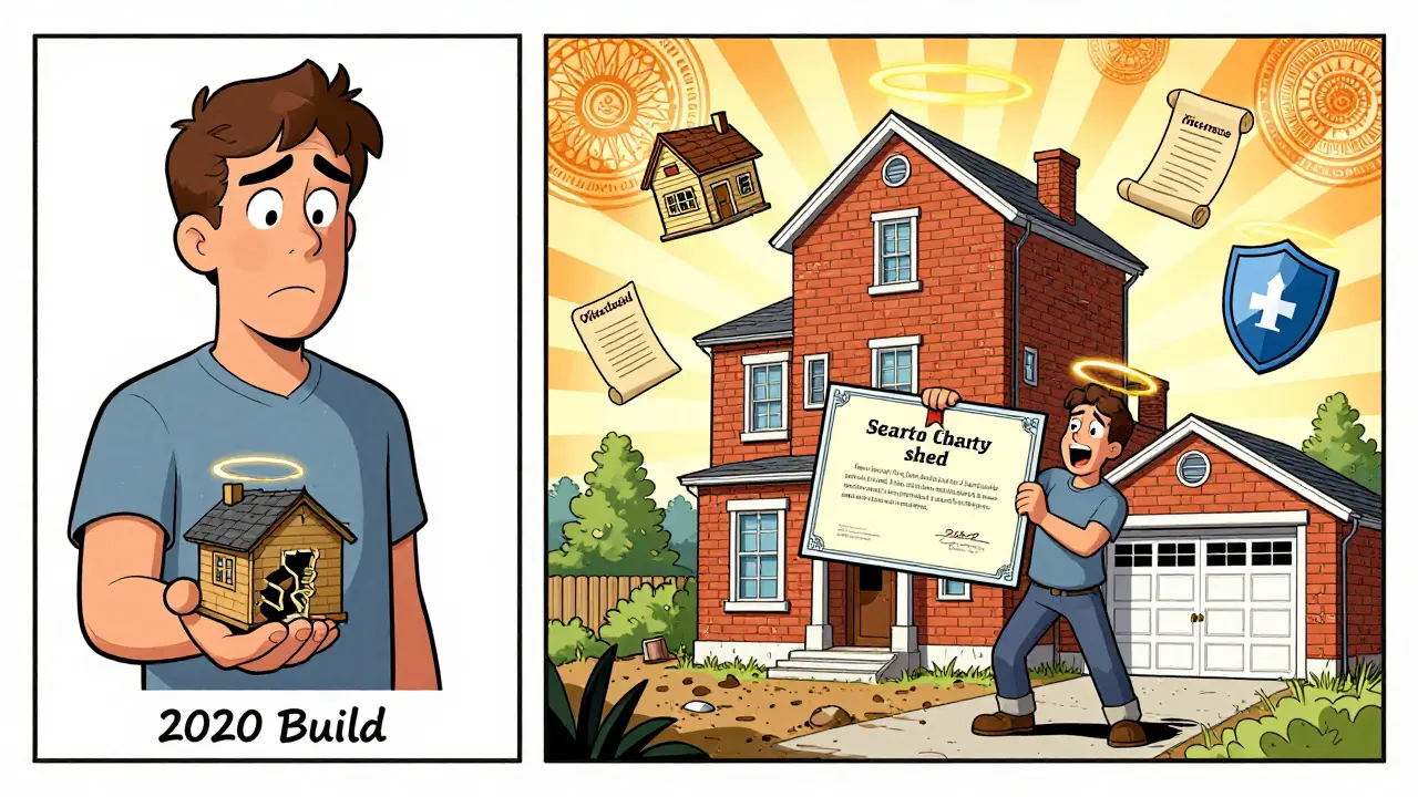 Сравнение старой незарегистрированной постройки и новой, оформленной как собственность с символами защиты.